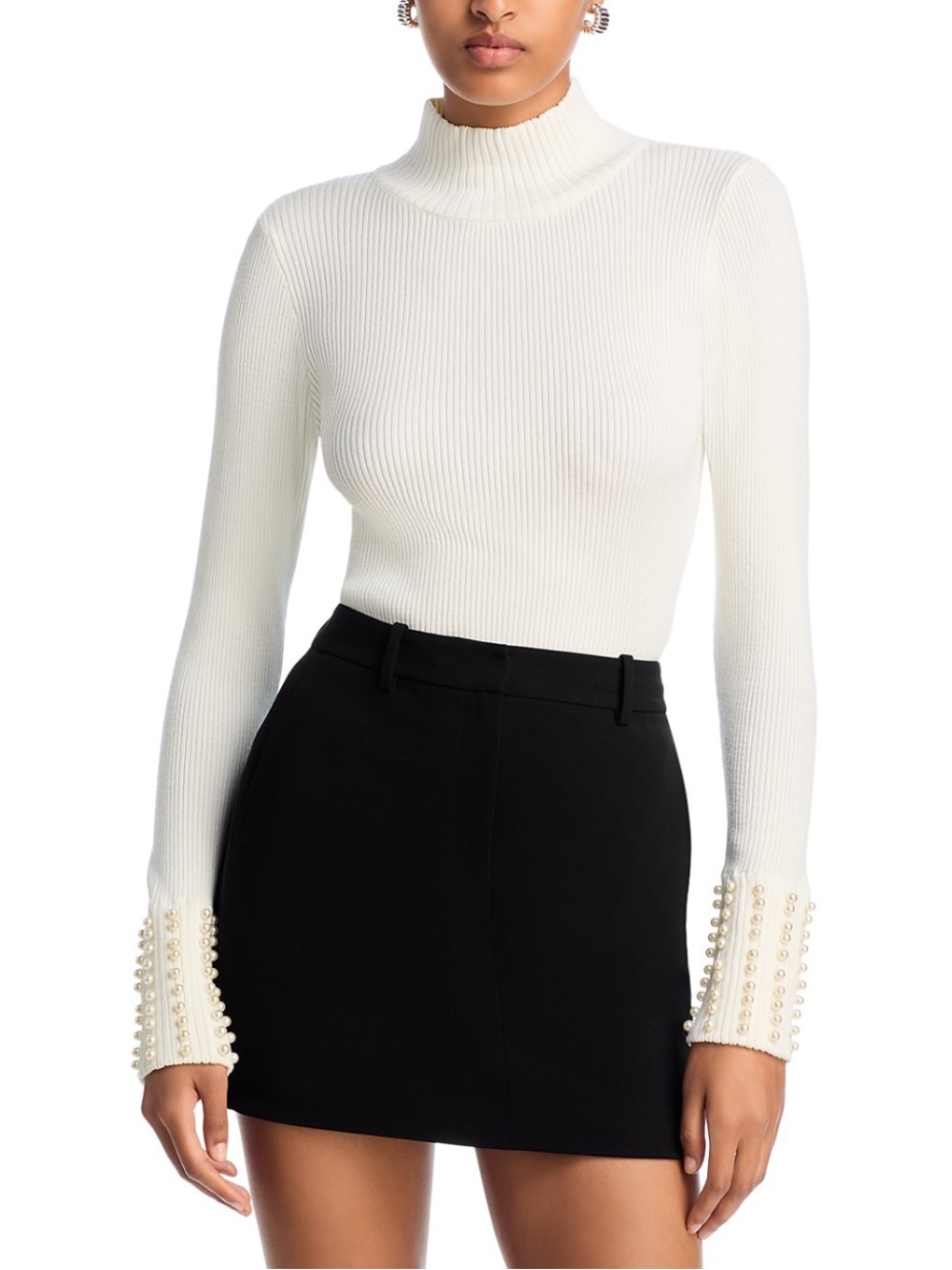Aqua Cream Ribbed Mock Neck Sweater with Pearl-Cuff Detail